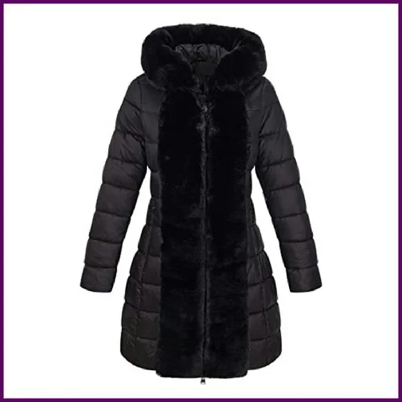 Women's Faux Leather Puffer Jacket with Fur Hood Belted Winter Coat